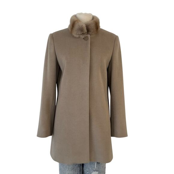 Cinzia Rocca Wool-Blend Coat Fur Trim Collar Button-Up Tan 8 - Picture 1 of 11
